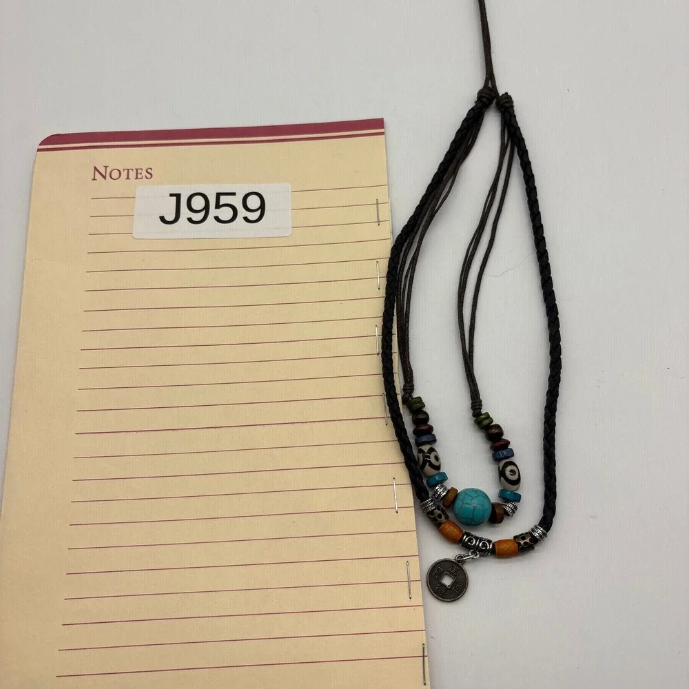 Boho‎ Layered Cord Necklace Faux Turquoise Wood Beads Chinese Coin Pendant
